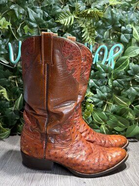Rios of Mercedes Size 9.5 Cognac  Ostrich Leather Vintage Men's Boots- Men's